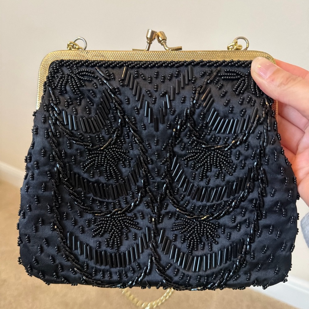 SOLD Elegant Black Beaded Adjustable Purse Gold Chain